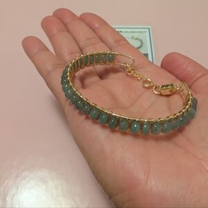 Gold Bracelet with Light Blue Green Burmese Jadeite Jade Bangle Adjustable.